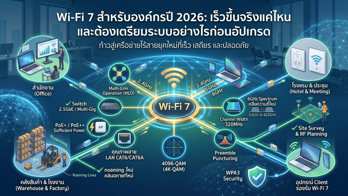 ภาพประกอบบทความ Wi-Fi 7 สำหรับองค์กรปี 2026: เร็วขึ้นจริงแค่ไหน และต้องเตรียมระบบอย่างไรก่อนอัปเกรด